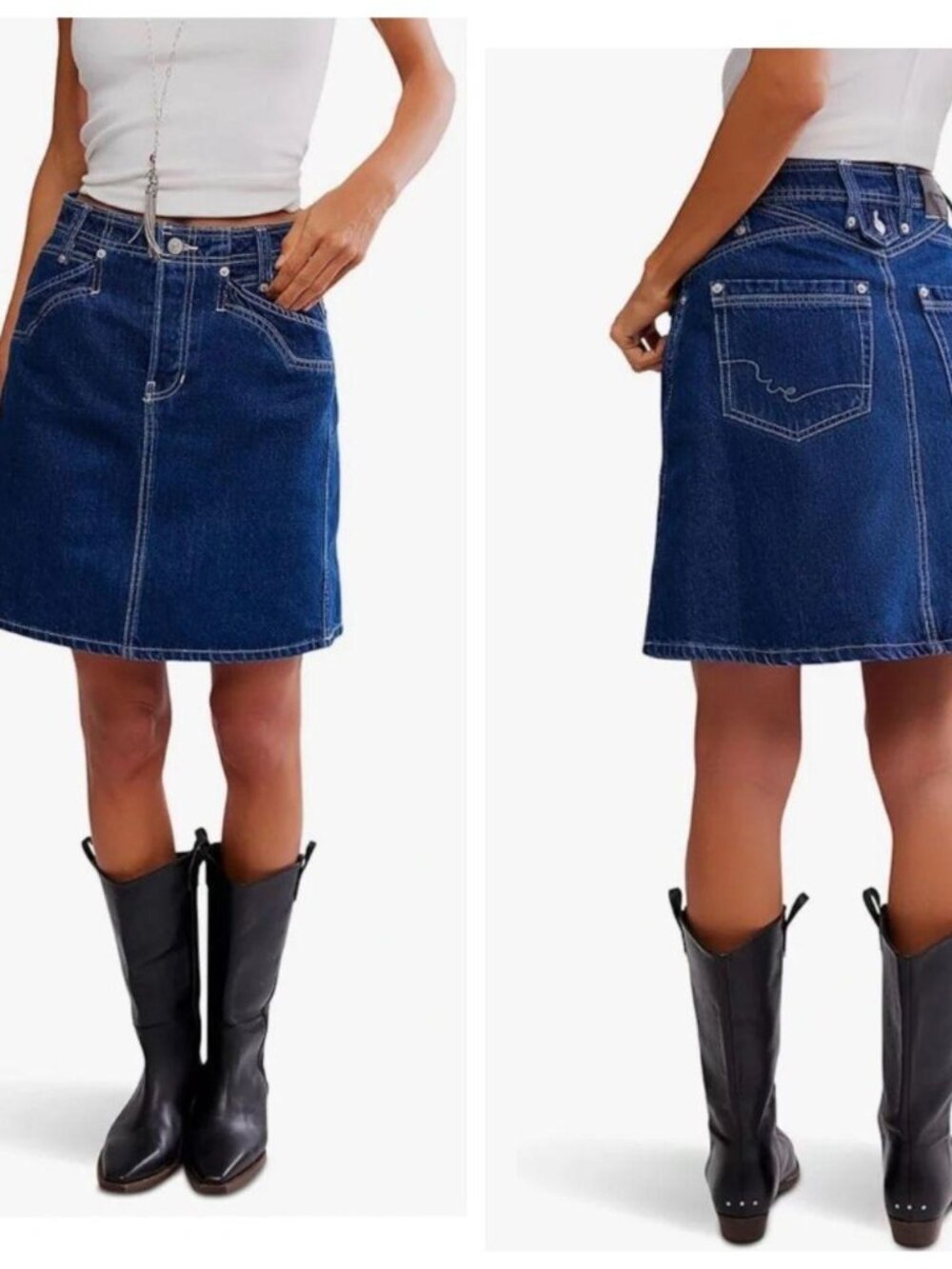 Free People We The Free Suzy Denim Midi Skirt Deep Blue Crush - NWT Size 25